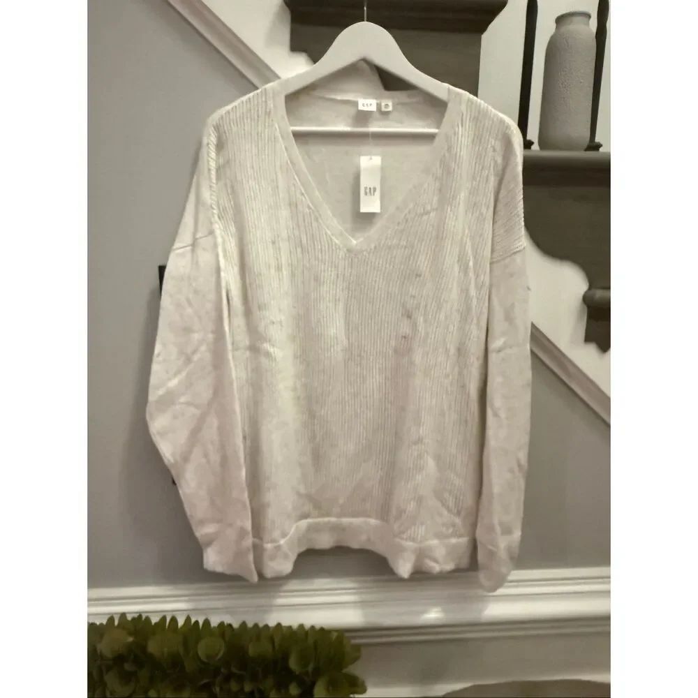 GAP Cream Marled Knit Open Knit V-Neck Sweater sz XXL NWT